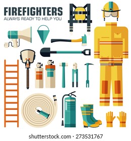  firefighter uniform and first help equipment set and instruments. On flat style background concept. Vector illustration for colorful template for you design, web and mobile applications