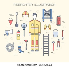  firefighter uniform and first help equipment set and instruments. On flat style background concept. Vector illustration for colorful template for you design, web and mobile applications