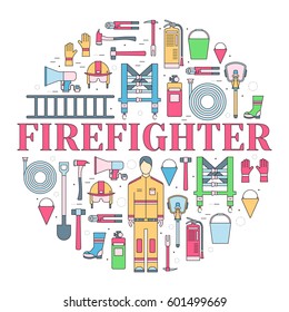 firefighter uniform and first help equipment set and instruments. On flat style background concept. Vector illustration for colorful template for you design, web and mobile