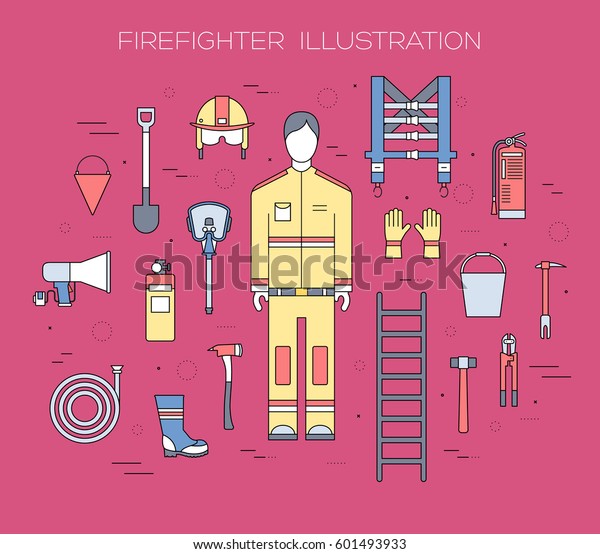 firefighter uniform and first help equipment set\
and instruments. On flat style background concept. Vector\
illustration for colorful\
template