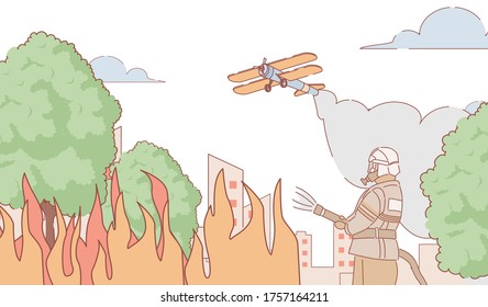 Bombero con uniforme y casco tratando de poner el vector de fuego ilustración al aire libre. El avión de bomberos extingue el fuego del aire. Concepto de esquema de caricatura sobre extinción de incendios en parque urbano