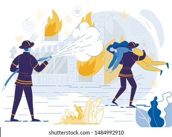 Firefighter In Uniform Holding Hose, Extinguishing Fire Flat Cartoon Vector Illustration. Man Saving Woman. Brave Firemen And Victim Characters. Brave Rescuer Carrying Girl Fron Burnt Building.