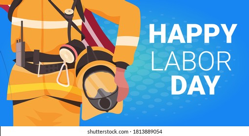 firefighter in uniform holding USA flag and helmet happy labor day celebration concept fireman in protection suit closeup portrait horizontal vector illustration