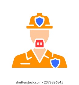 Bombero con icono de línea uniforme. Seguridad contra incendios, agua, extinción, instrucciones de seguridad. Icono de color vectorial sobre fondo blanco para negocios y publicidad.