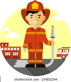 Firefighter in uniform on background with fire truck and fire station