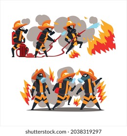 Firefighter in Uniform and Protective Helmet Extinguishing Hazardous Fire with Hose Vector Set