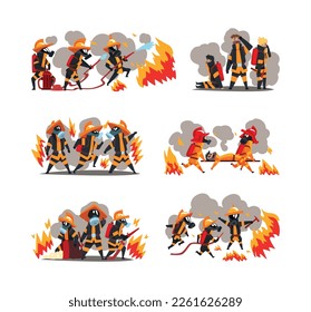 Firefighter in Uniform and Protective Helmet Extinguishing Hazardous Fire with Hose Vector Set