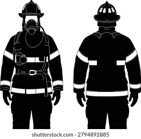 Firefighter uniform silhouette illustration with front back emergency worker views