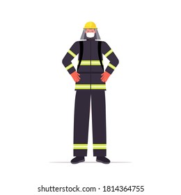 firefighter in uniform wearing mask to prevent coronavirus pandemic labor day celebration concept fireman standing pose full length vector illustration