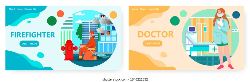 Firefighter uses gydrant and fights fire in building. Rescue personal vector concept illustration. Nurse in face mask in hospital ward. Web site design template