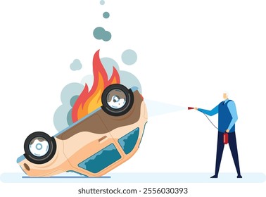 Firefighter using a fire extinguisher to extinguish flames on a burning overturned car, illustrating a car accident and insurance scenario with emphasis on emergency response and safety