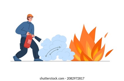 Firefighter using fire extinguisher to fight the flames, flat cartoon vector illustration isolated on white background. Extinguishing accidental fire burn.