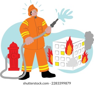 A Firefighter using fire hose from fire hydrant to put out fire. Building on fire. Orange firefighter clothe.