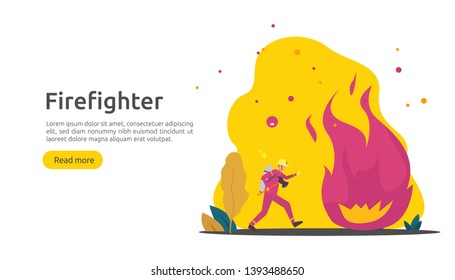 Firefighter using water spray from hose for fire fighting burning house. fireman in uniform, fire department rescuer. illustration for web landing page, banner, presentation, promotion or print media