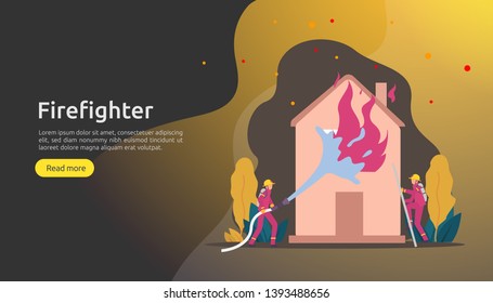 Firefighter using water spray from hose for fire fighting burning house. fireman in uniform, fire department rescuer. illustration for web landing page, banner, presentation, promotion or print media