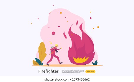 Firefighter using water spray from hose for fire fighting burning house. fireman in uniform, fire department rescuer. illustration for web landing page, banner, presentation, promotion or print media