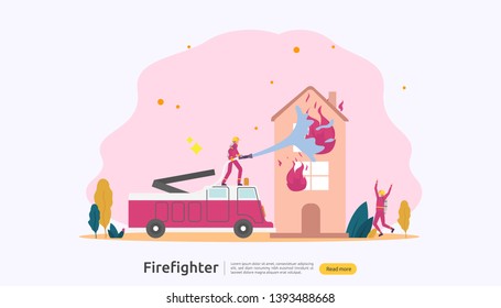 Firefighter using water spray from hose for fire fighting burning house. fireman in uniform, fire department rescuer. illustration for web landing page, banner, presentation, promotion or print media