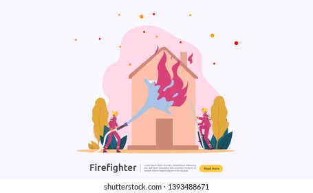 Firefighter using water spray from hose for fire fighting burning house. fireman in uniform, fire department rescuer. illustration for web landing page, banner, presentation, promotion or print media