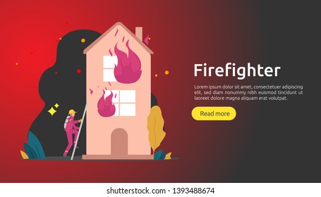 Firefighter using water spray from hose for fire fighting burning house. fireman in uniform, fire department rescuer. illustration for web landing page, banner, presentation, promotion or print media