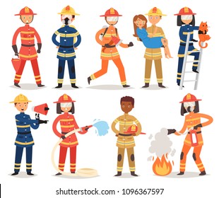 Firefighter vector cartoon fireman character firefighting fire with firehose hydrant and fire extinguisher equipment illustration set of man or woman in helmet isolated on white background