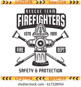 Firefighter vector emblem with fire hydrant in vintage style isolated on background with grunge textures 