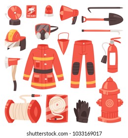 Firefighter vector firefighting equipment firehose hydrant and fire extinguisher illustration set of fireman uniform with helmet isolated on white background