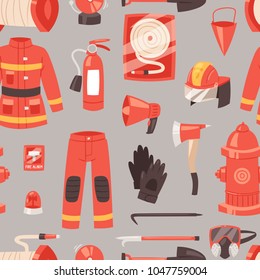 Firefighter vector firefighting equipment firehose hydrant and fire extinguisher illustration set of fireman uniform with helmet isolated seamless pattern background