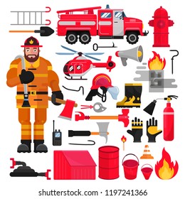 Firefighter vector firefighting equipment firehose hydrant and fire extinguisher illustration firefighting set of firemans uniform with helmet and fire-engine helicoptor isolated on white background