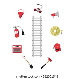 Firefighter vector icon set. A collection of fire themed symbols including firefighter, fire truck and fireman, , attributes, sets fire brigade. Vector eps10 illustration.