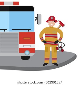 Firefighter vector icon set. A collection of fire themed symbols including firefighter, fire truck and fireman, , attributes, sets fire brigade. Vector eps10 illustration.