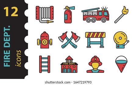 Firefighter vector icons in color. Illustration Fire Department in modern flat style. Set of fire station symbols isolated on white background.