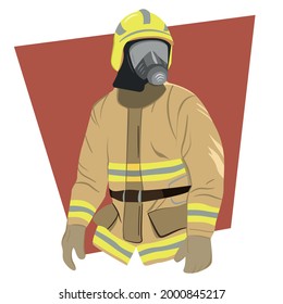 Firefighter vector illustration. Fire fighter character design.  Flat illustration on red and white background. 