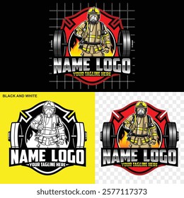 Firefighter vector logo design. Fireman Mascot Logo Design. Hero on Duty, Brave Firefighter Mascot Illustration. Firefighter holding dumbbell vector design