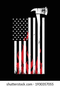 Firefighter vector t-shirt design. Firefighter axe, American flag and fire flame with grunge effect.