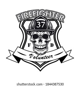 Firefighter Volunteer Badge With Skull Vector Illustration. Head Of Character In Helmet With Number And Text Sample. Rescue Concept For Firefighting Or Fire Department Patch Template