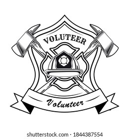 Firefighter Volunteer Patch With Helmet Vector Illustration. Crossed Axes, Text, Heraldry And Ribbon. Rescue Concept For Firefighting Or Fire Department Badge Template