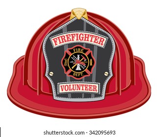 Firefighter Volunteer Red Helmet is an illustration of a red firefighter helmet or fireman hat from the front with a shield, Maltese cross and firefighter tools logo.