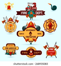 Firefighter volunteers and professional department emblems set isolated vector illustration