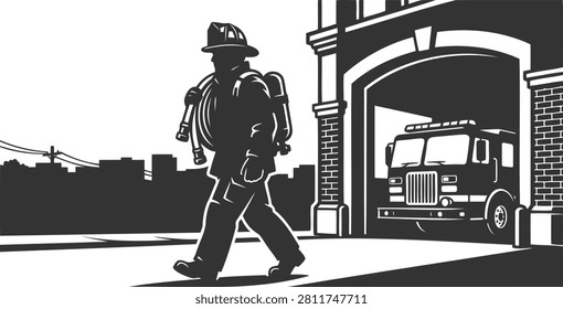 Firefighter walking away from station with fire truck silhouette graphic