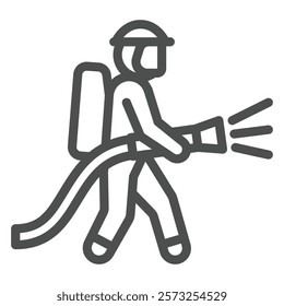 Firefighter with water hose line icon, human rescue concept. Vector graphics. Rescuer man fights with fire sign on white background, outline style icon for mobile or web design