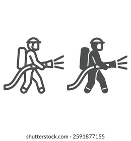 Firefighter with water hose line and solid icon, human rescue concept. Vector graphics. Rescuer man fights with fire sign on white background, outline style icon for mobile or web design