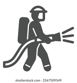 Firefighter with water hose solid icon, human rescue concept. Vector graphics. Rescuer man fights with fire sign on white background, glyph style icon for mobile or web design