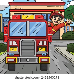 Firefighter Waving from Fire Truck Colored Cartoon