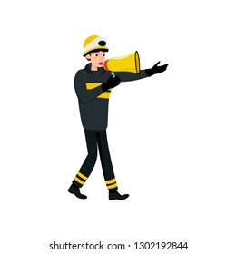 Firefighter Wearing Black Protective Uniform and Helmet Speaking in Megaphone, Professional Male Freman Character Doing His Job Vector Illustration