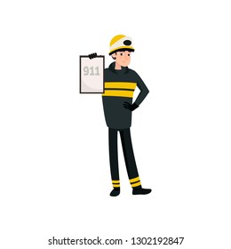 Firefighter Wearing Black Protective Uniform and Helmet Showing Signboard with 911 Number, Professional Male Freman Character Doing His Job Vector Illustration