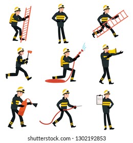 Firefighter Wearing Black Protective Uniform and Helmet at Work with Rescue Equipment Set, Professional Male Freman Character Doing His Job Vector Illustration