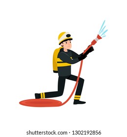 Firefighter Wearing Black Protective Uniform and Helmet Spraying Water with Hose, Professional Male Freman Character Doing His Job Vector Illustration