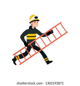 Firefighter Wearing Black Protective Uniform and Helmet Running with Ladder, Professional Male Freman Character Doing His Job Vector Illustration