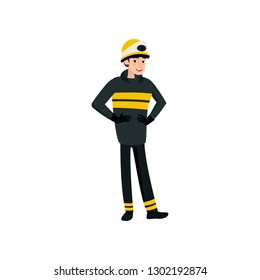Firefighter Wearing Black Protective Uniform and Helmet, Professional Male Freman Character Doing His Job Vector Illustration