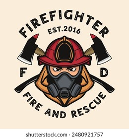 Firefighter wearing gas mask fireman axe vintage logo